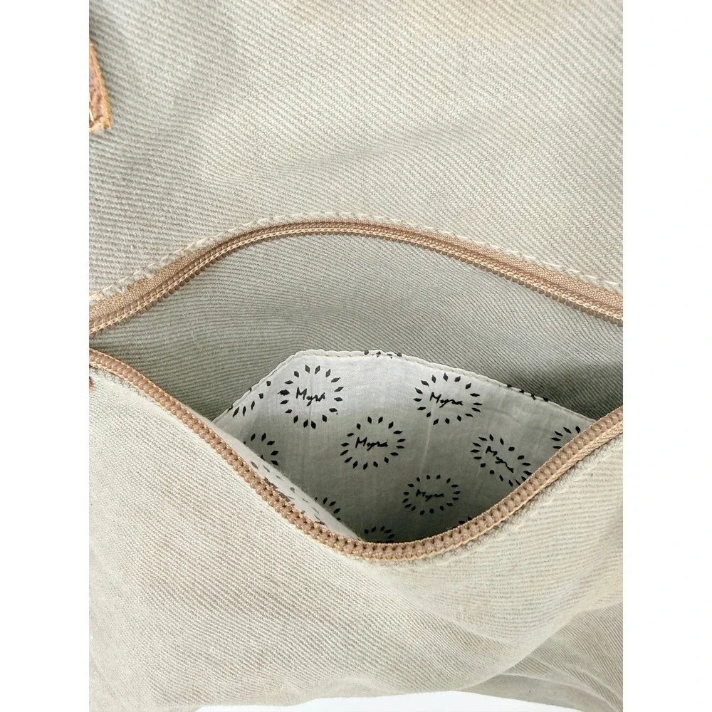 Myrha Large Tote‎ Festival Boho Y2K Upcycled Canvas Leather Brown White Summer